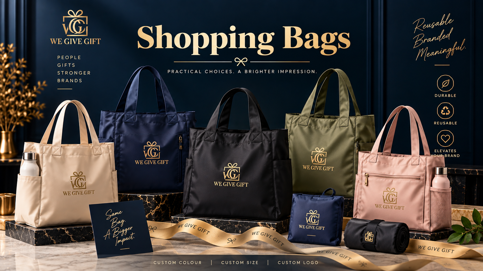 Premium branded paper shopping bags in a studio setting
