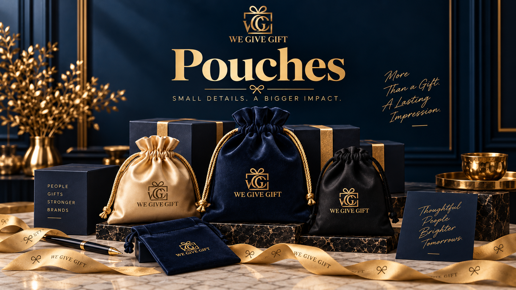 Custom branded product pouches arranged on a studio surface